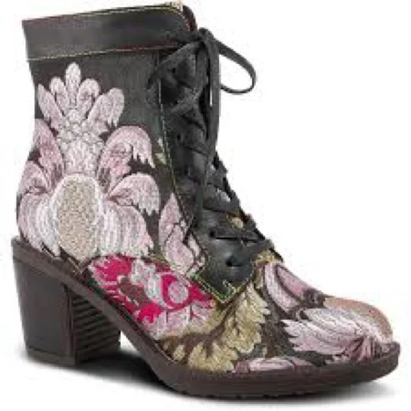 L’Artiste New in Box Elegant Floral Lace-Up Boots - Black and Pink Brocade Sz 8 - Picture 2 of 10
